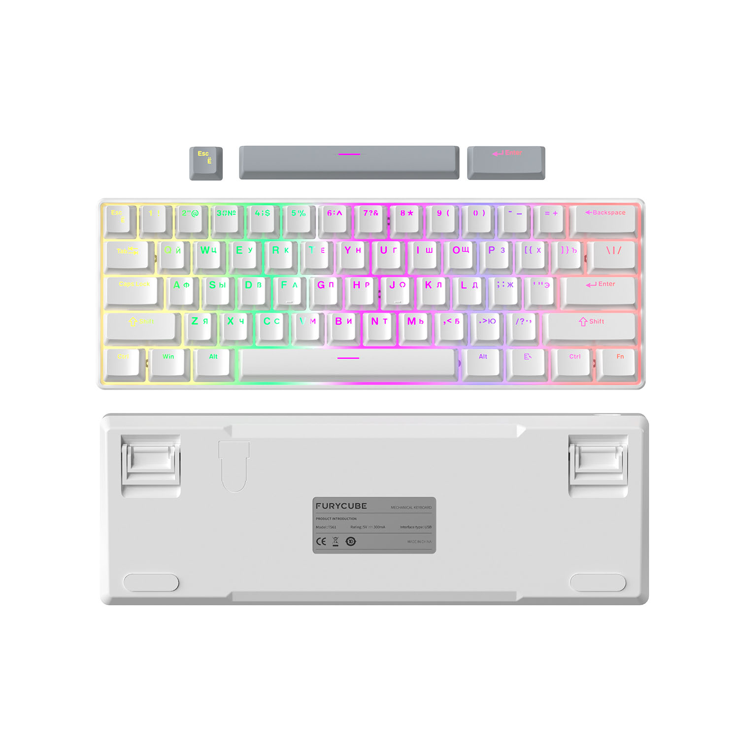 Проводная игровая клавиатура FURYCUBE TS61 Red Switch (белый/серый)
