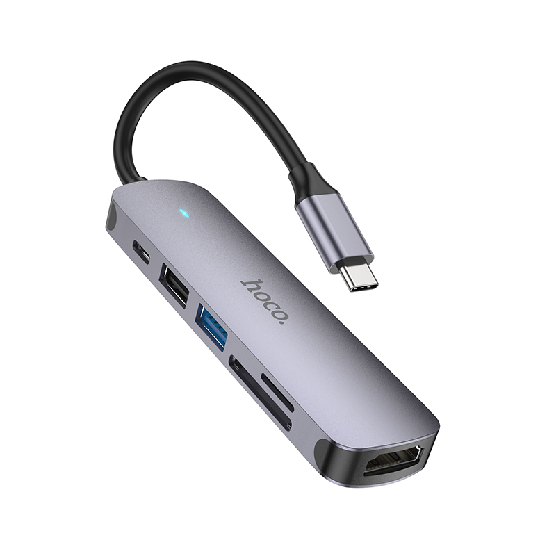 Хаб Hoco HB28 (Type-C, HDTV+USB3.0+USB2.0+SD+TF+PD, серый металлик )